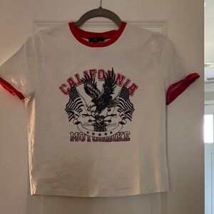 Forever 21 White Ringer Tee with Red Trim & California Motorbike Graphic